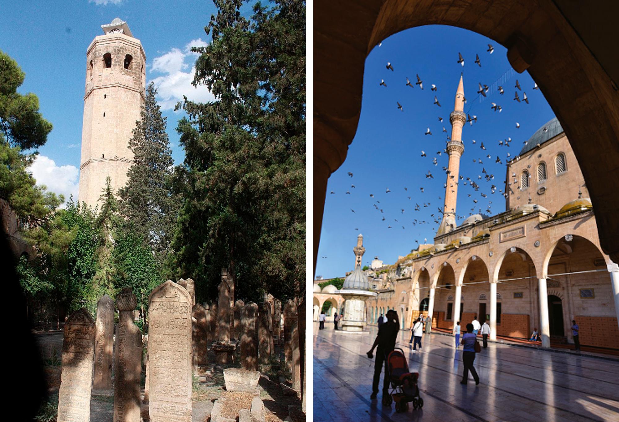 Mezquita Halil-ur-Rahman (derecha) y a la izquierda un minarete en la ciudad de Balikligol