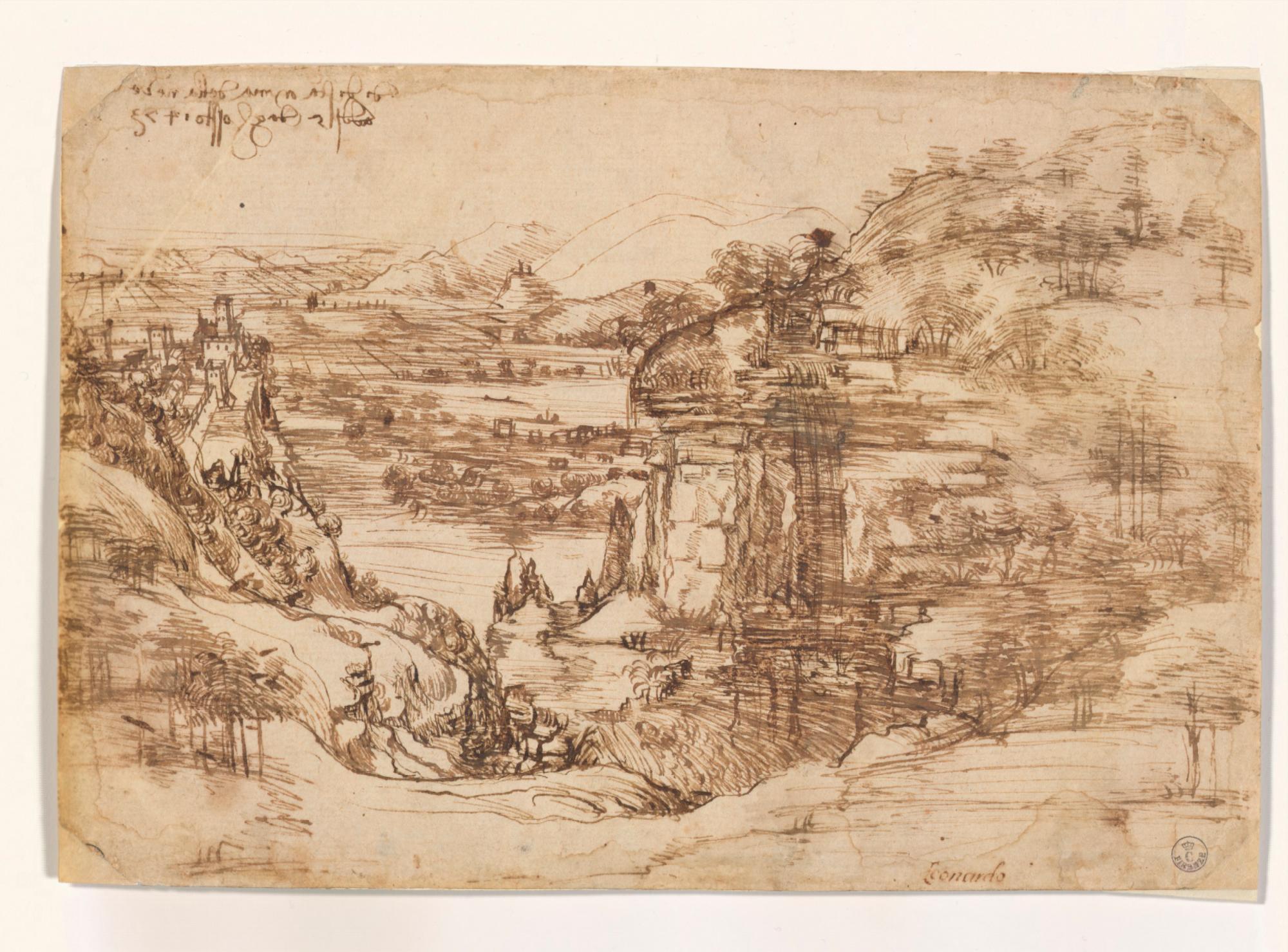 Primer paisaje dibujado por Leonardo da Vinci, propiedad de la Galería de los Uffizi de Florencia. 