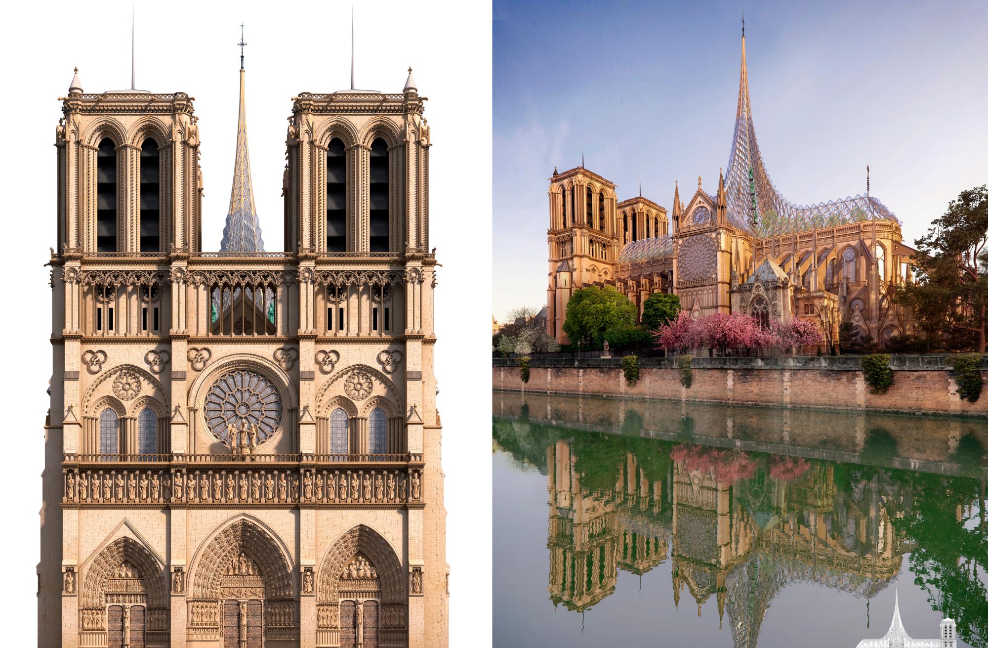 Frente y plano general de Notre Dame según la infografía del estudio de arquitectura.