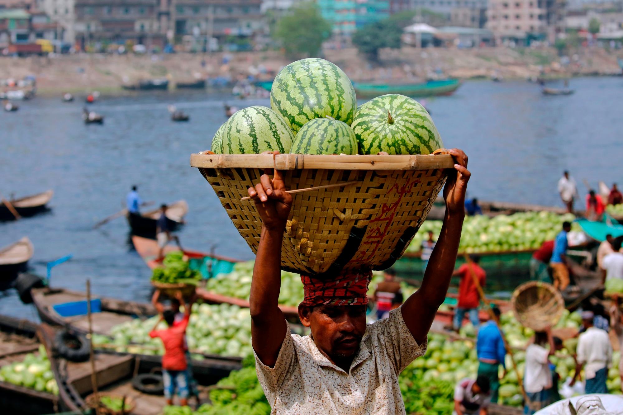 (BANGLADESH), 01/04/2019.- Trabajadores descargan sandías de varios barcos en el río Buriganga, este lunes, en Dacca (Bangladesh). La temporada de la sandía ya ha comenzado en el país asiático y, procedente del sur de Bangladesh, llena los puestos de los mercados en todo el país. 