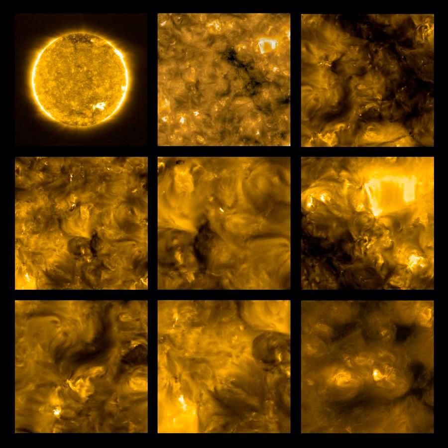 Composición de varias imágenes del Sol captadas por la sonda europea a 77 millones de kilómetros del astro. Esta sonda dispone entre sus diez instrumentos de varias cámaras para mirar directamente a nuestra estrella como nunca antes.
