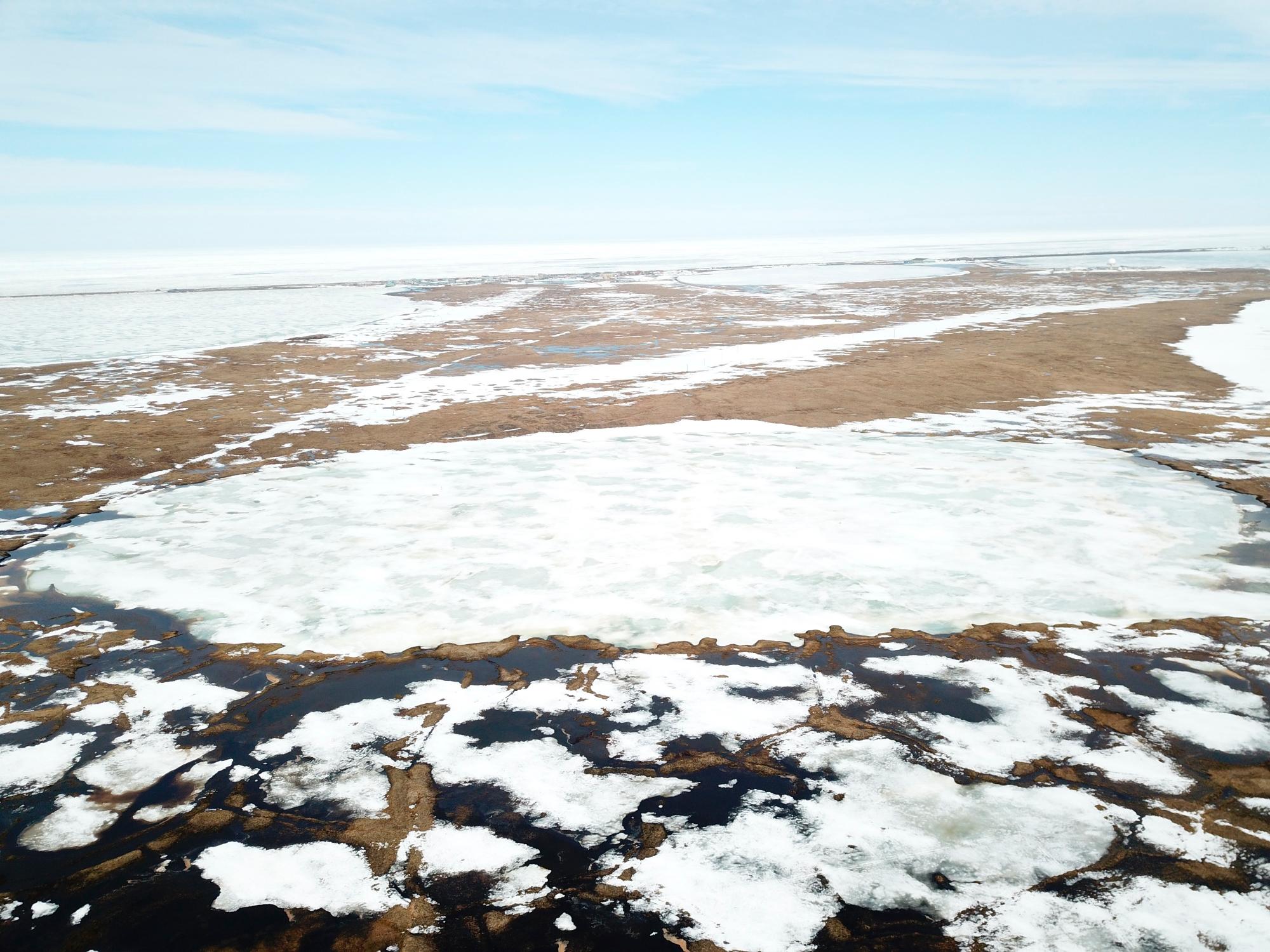 Paisaje con el hielo parcialmente derretido, durante las temporadas de primavera y verano. Aquí se muestra la solución de Arctic Ice Project en una pequeña área del lago North Meadow en el Observatorio Ambiental Barrow en Alaska. Esta región ártica es donde el equipo ha estado realizando pruebas en lagos de su material. 