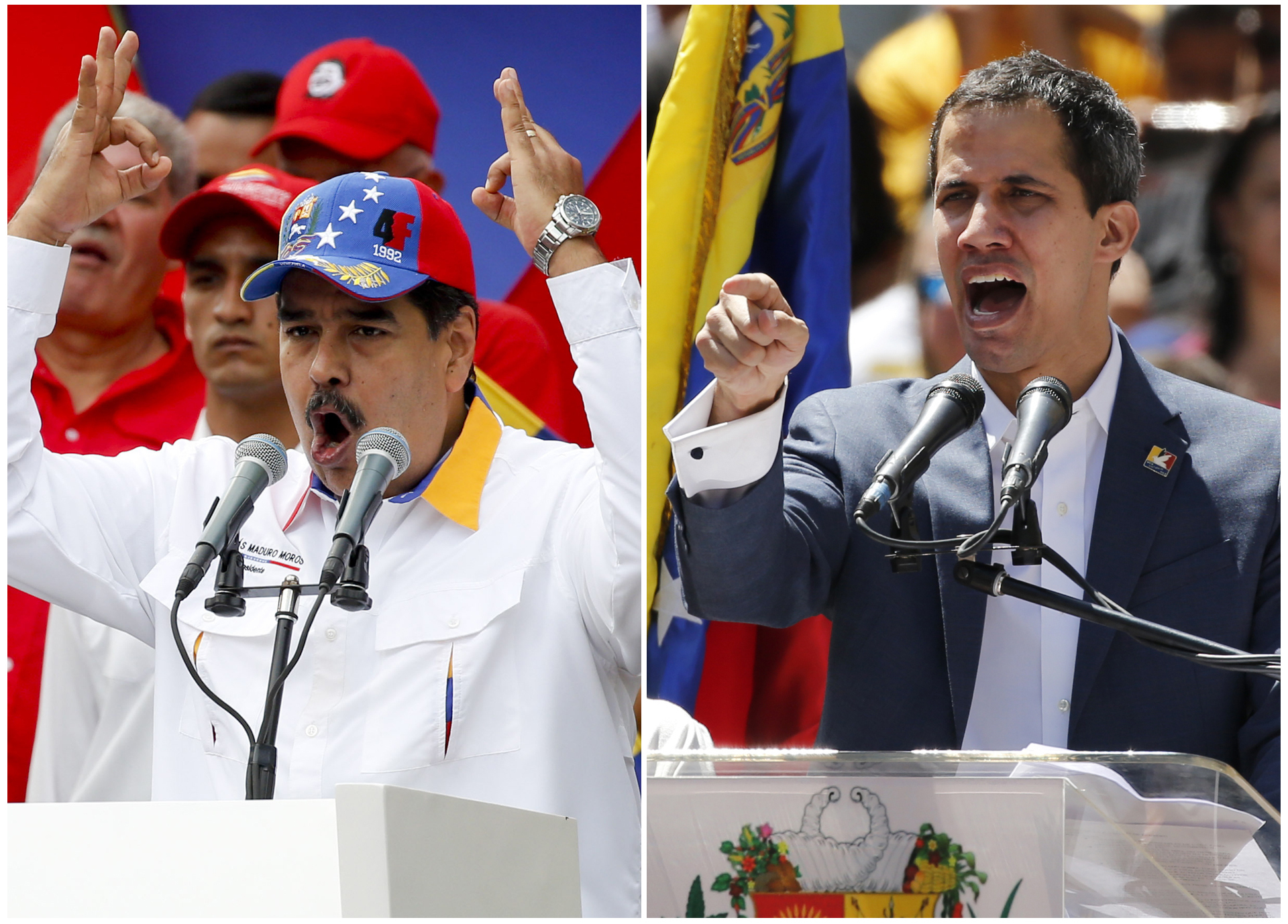 El presidente Nicolás Maduro el 23 de marzo de 2019, dirigiéndose a los partidarios en una manifestación antiimperialista, izquierda, y autoproclamado Presidente Interino del país, Juan Guaidó, hablando a sus partidarios el 12 de febrero de 2019 en una manifestación contra el gobierno de Maduro, ambos en Caracas, Venezuela. 