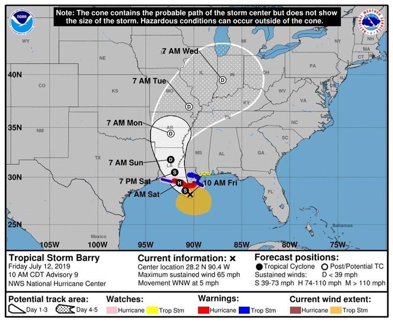 Barry se acerca lentamente a Luisiana y será huracán este sábado