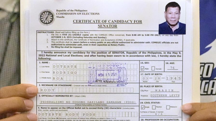 Duterte opta al Senado filipino tras anunciar su retirada Duterte opta al Senado filipino tras anunciar su retirada