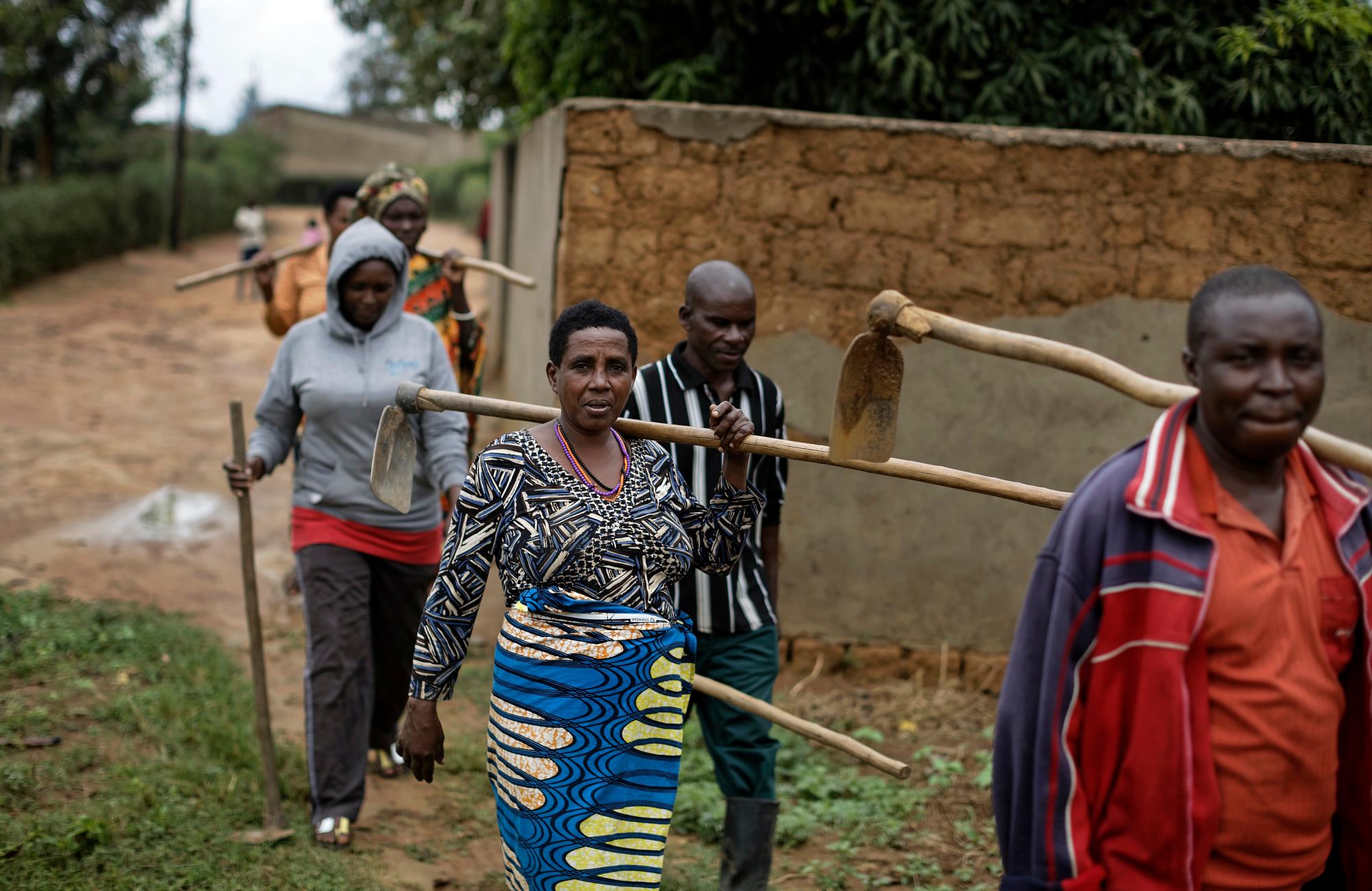 Esta foto tomada el jueves 4 de abril de 2019, muestra a sobrevivientes del genocidio y perpetradores caminar a campos de cultivo en la aldea de reconciliación de Mbyo, cerca de Nyamata, en Ruanda. Veinticinco años después del genocidio, el país tiene seis  “aldeas de reconciliación “ donde los perpetradores condenados que han sido liberados de prisión después de disculparse públicamente por sus crímenes viven codo con codo con sobrevivientes del genocidio que han profesado Perdón.