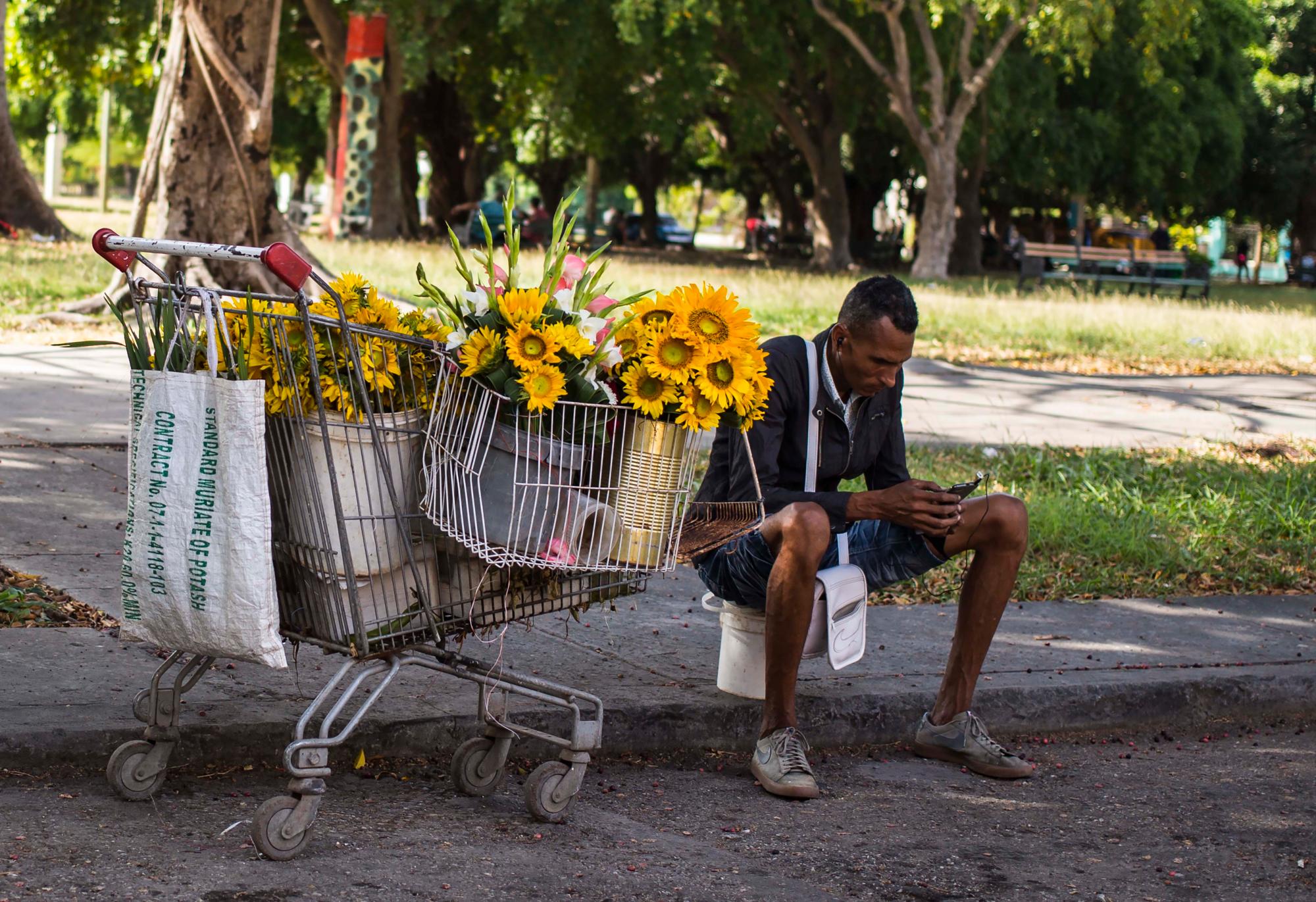 Un vendedor de flores se toma un descanso para navegar en internet con su teléfono móvil en La Habana, Cuba, el 6 de diciembre de 2018.