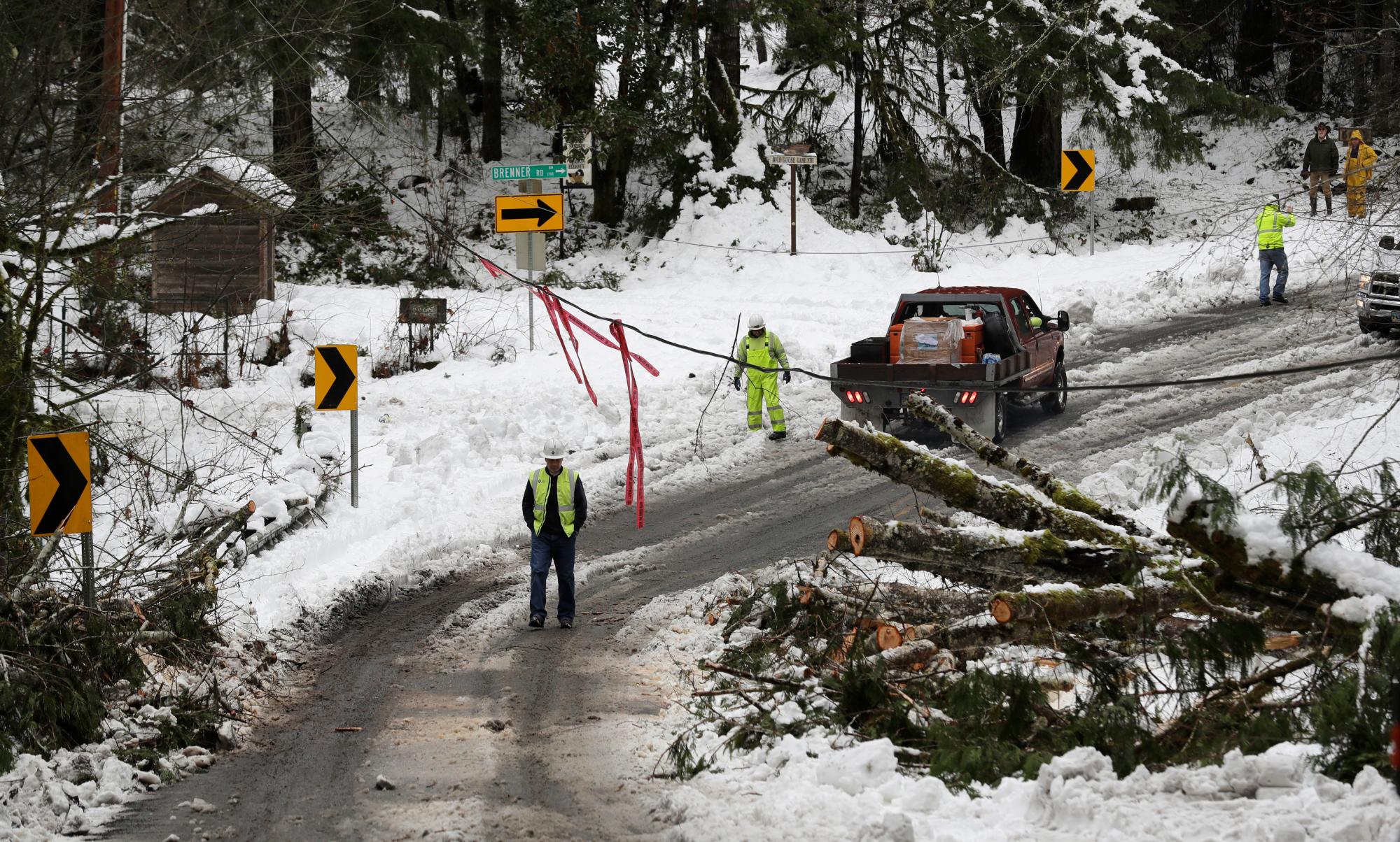 Los trabajadores caminan cerca de árboles caídos y una línea eléctrica colgada, el martes 12 de febrero de 2019, cerca de Olympia, Washington. Decenas de miles de personas se quedaron sin electricidad en el estado de Washington el martes y hubo preocupación por las inundaciones cuando la nieve se convirtió en lluvia muchas partes del noroeste del Pacífico.