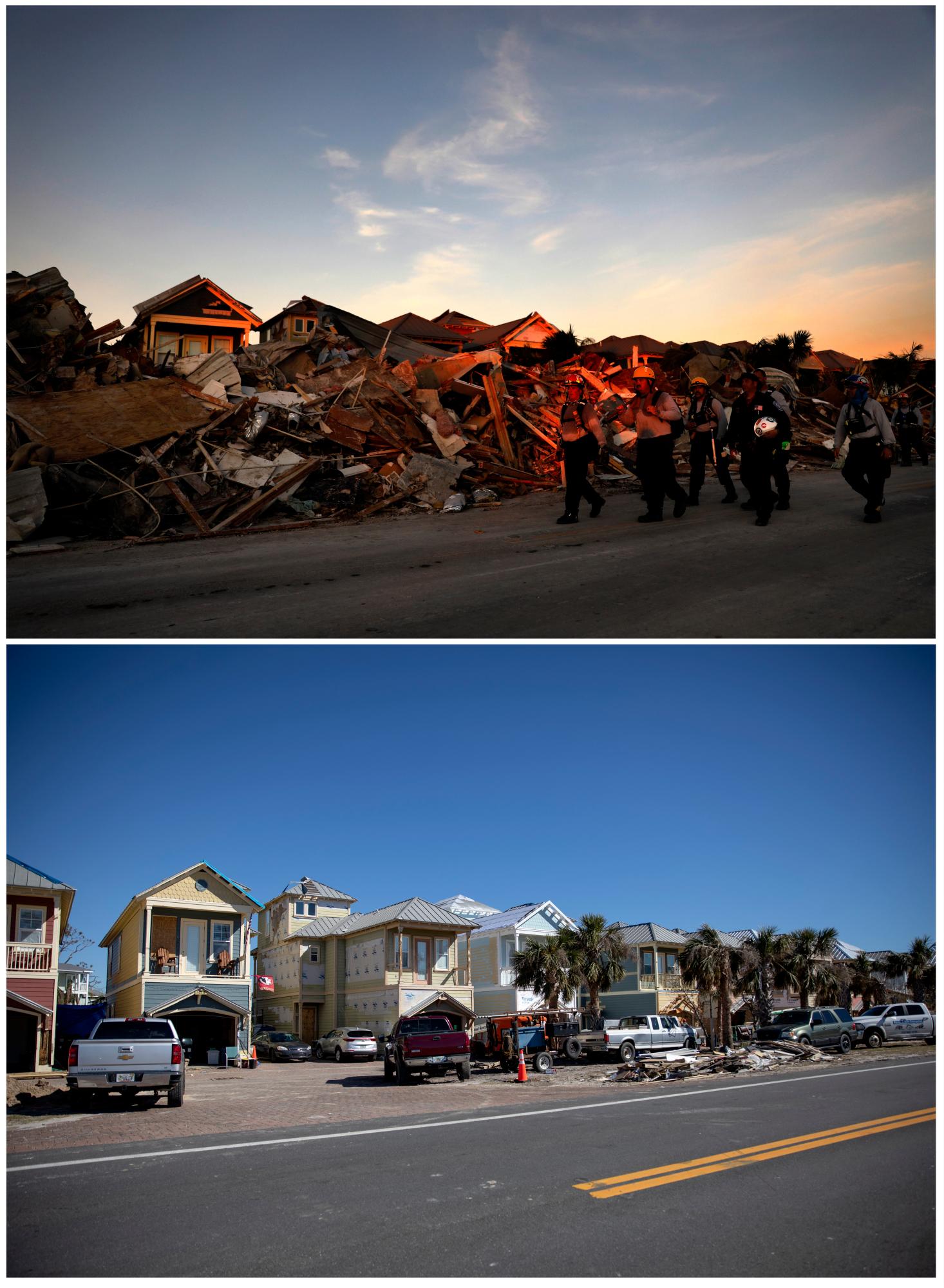 Esta fotografía combinada tomada el 12 de octubre de 2018, en la parte superior, muestra a un equipo de búsqueda y rescate que pasa junto a una pila de escombros frente a la hilera de casas dañadas días antes por el huracán Michael en Mexico Beach, Florida, y las mismas casas el 25 de enero. , 2019, abajo.