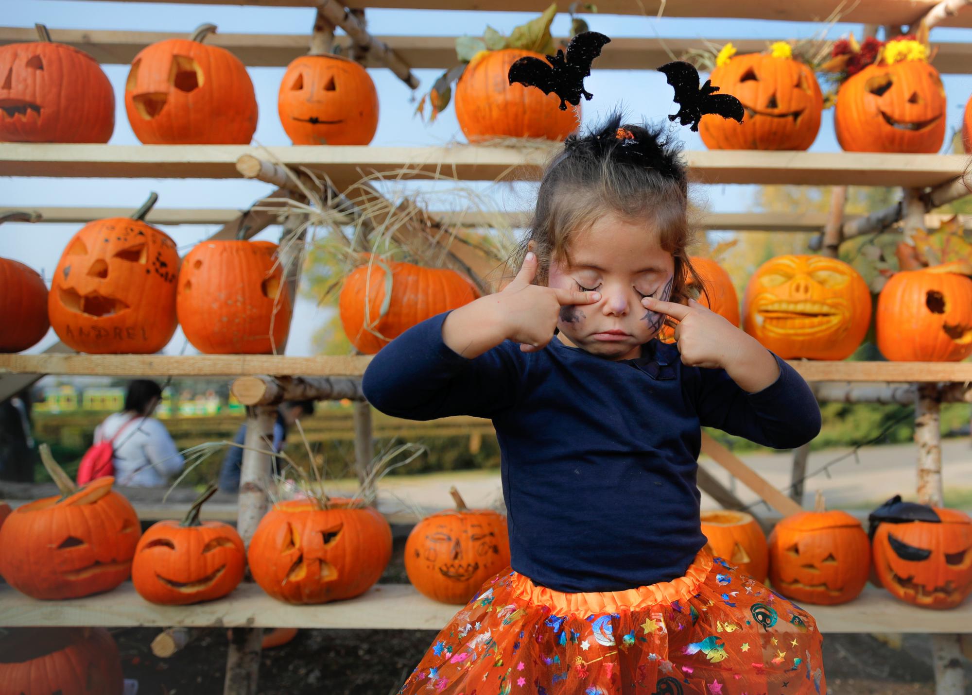 En esta foto del sábado 26 de octubre de 2019, una niña se presiona los párpados después de colocar la calabaza que talló en un estante en el Halloween Pumpkin Fest en Bucarest, Rumania. 