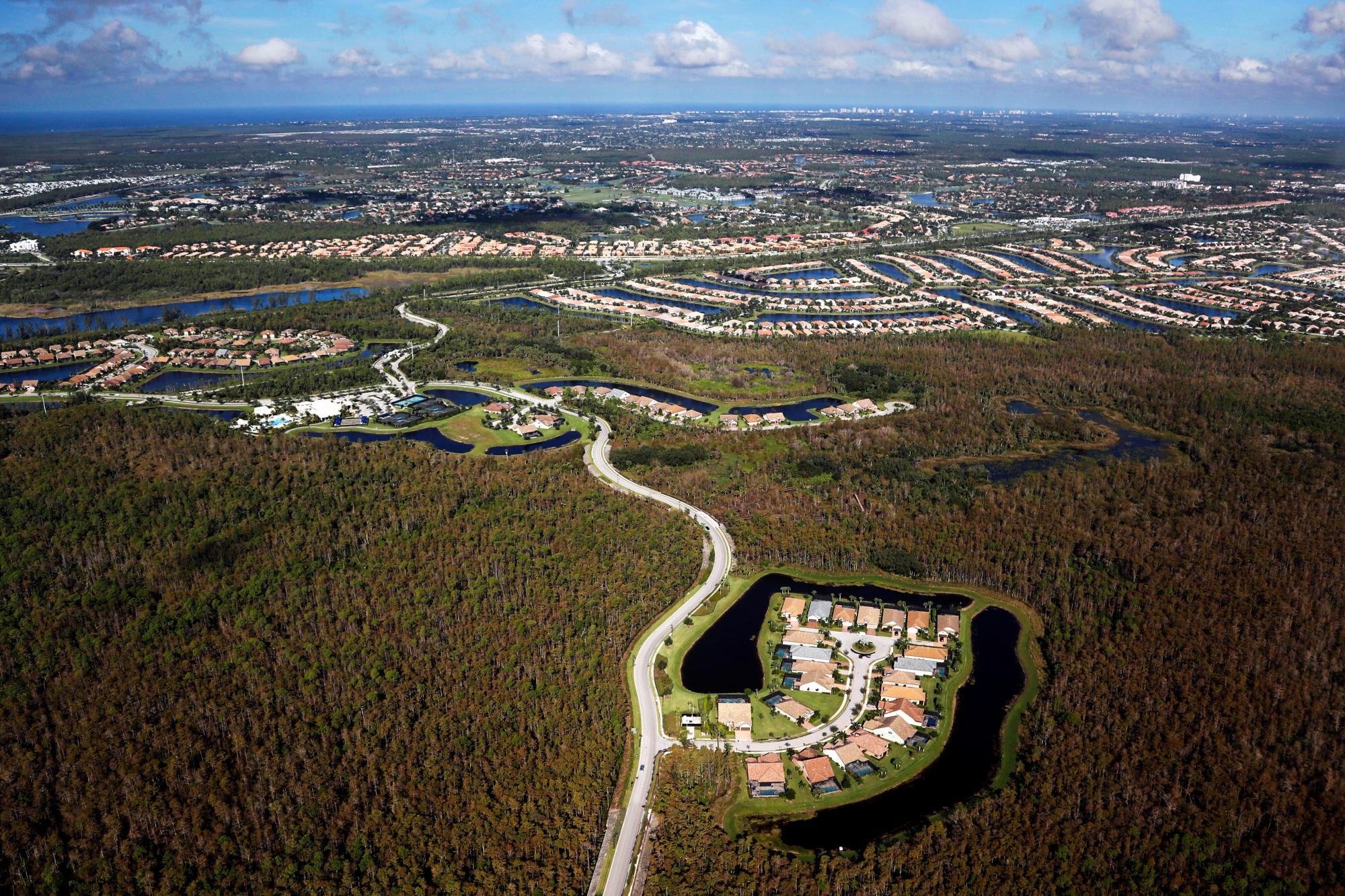 En esta foto del jueves 24 de octubre de 2019, se ve desde el aire un desarrollo de viviendas construido en los humedales de los Everglades cerca de Naples, Florida. 