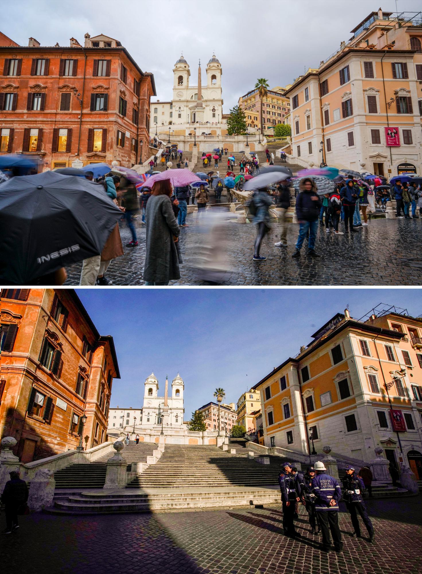  En esta imagen combinada, las escaleras de la Plaza de España de Roma a las 16:03 del jueves 14 de noviembre de 2019, arriba, y el martes 10 de marzo de 2020 a las 17:36. El grave brote de un nuevo coronavirus en Italia ha vaciado los monumentos de turistas y romanos. 