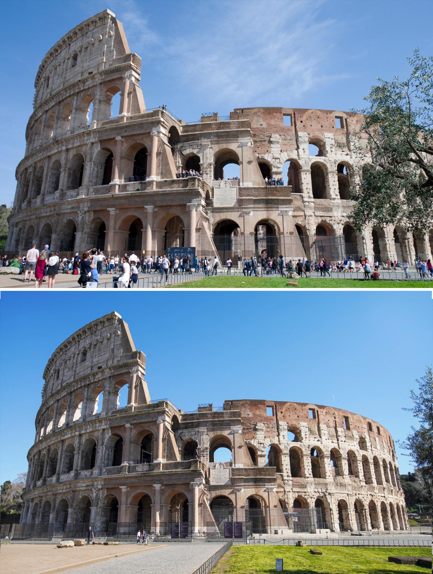 En esta imagen combinada, el antiguo Coliseo romano, arriba a las 12:49 del domingo 8 de abril de 2018, y debajo a las 13:00 del miércoles 11 de marzo de 2020. El grave brote de un nuevo coronavirus en Italia ha vaciado los monumentos de turistas y romanos.