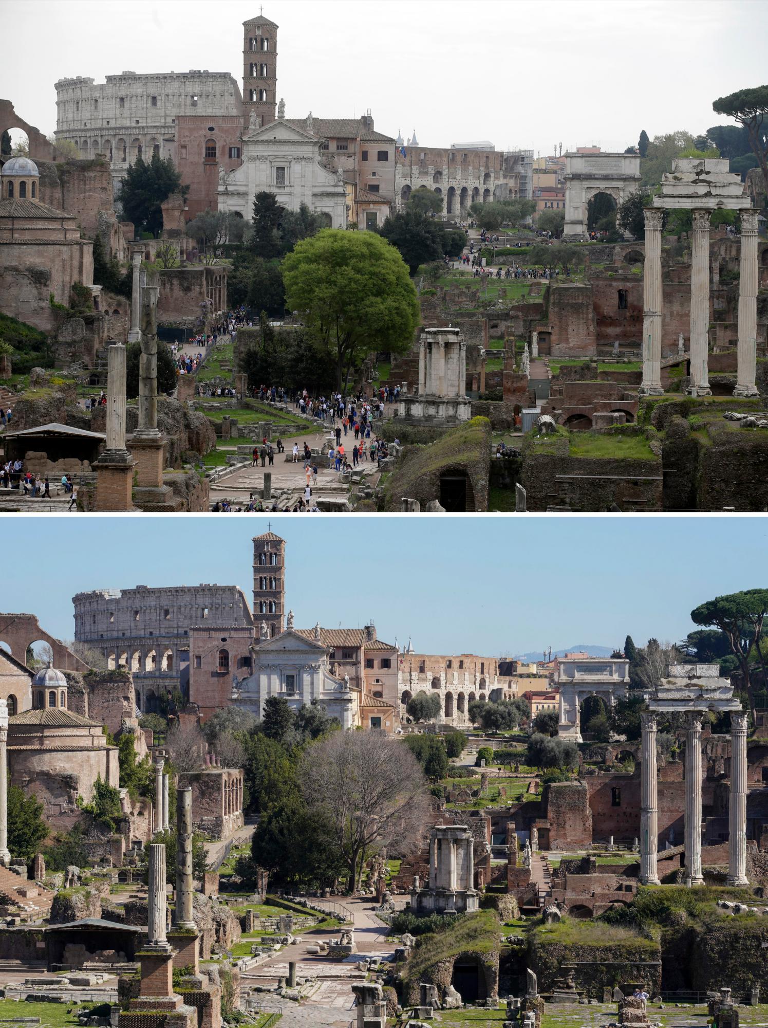 En esta imagen combinada, turistas visitando el antiguo Foro de Roma y el Colíseo, en Roma, a las 18:23 del viernes 17 de abril de 2015, arriba, y a las 13:00 del miércoles 11 de marzo de 2020. El grave brote de un nuevo coronavirus en Italia ha vaciado los monumentos de turistas y romanos. 