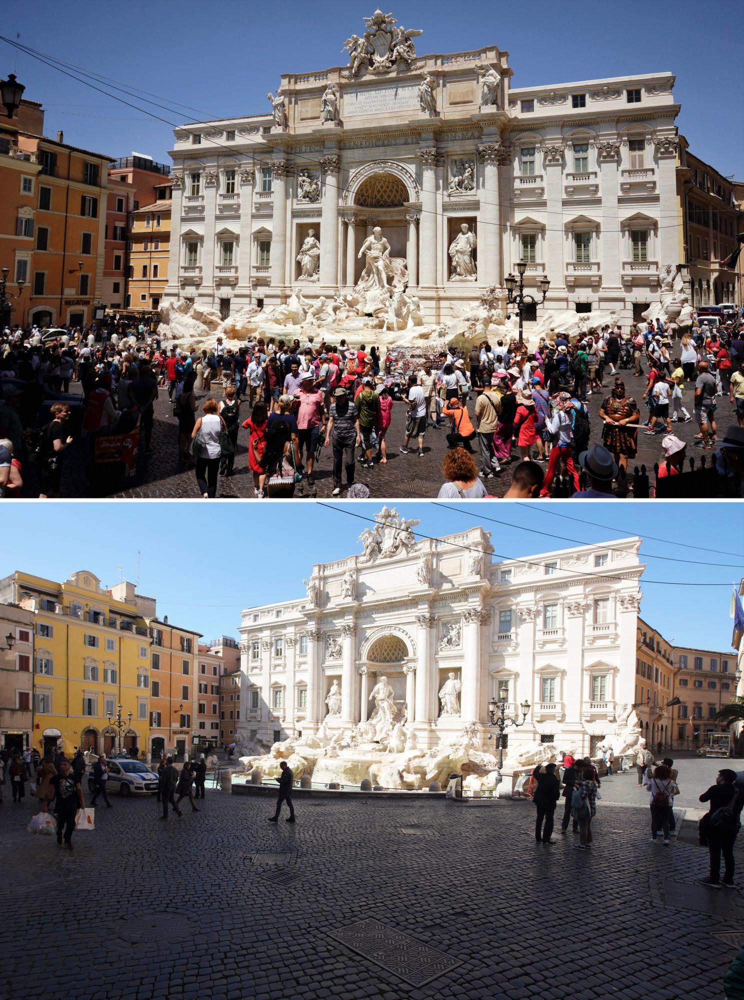 En esta imagen combinada, gente caminando en torno a la Fontana de Trevi, en Roma, a las 9:48 del lunes 12 de junio de 2017, arriba, y a las 13:00 del miércoles 11 de marzo de 2020. El grave brote de un nuevo coronavirus en Italia ha vaciado los monumentos de turistas y romanos. 