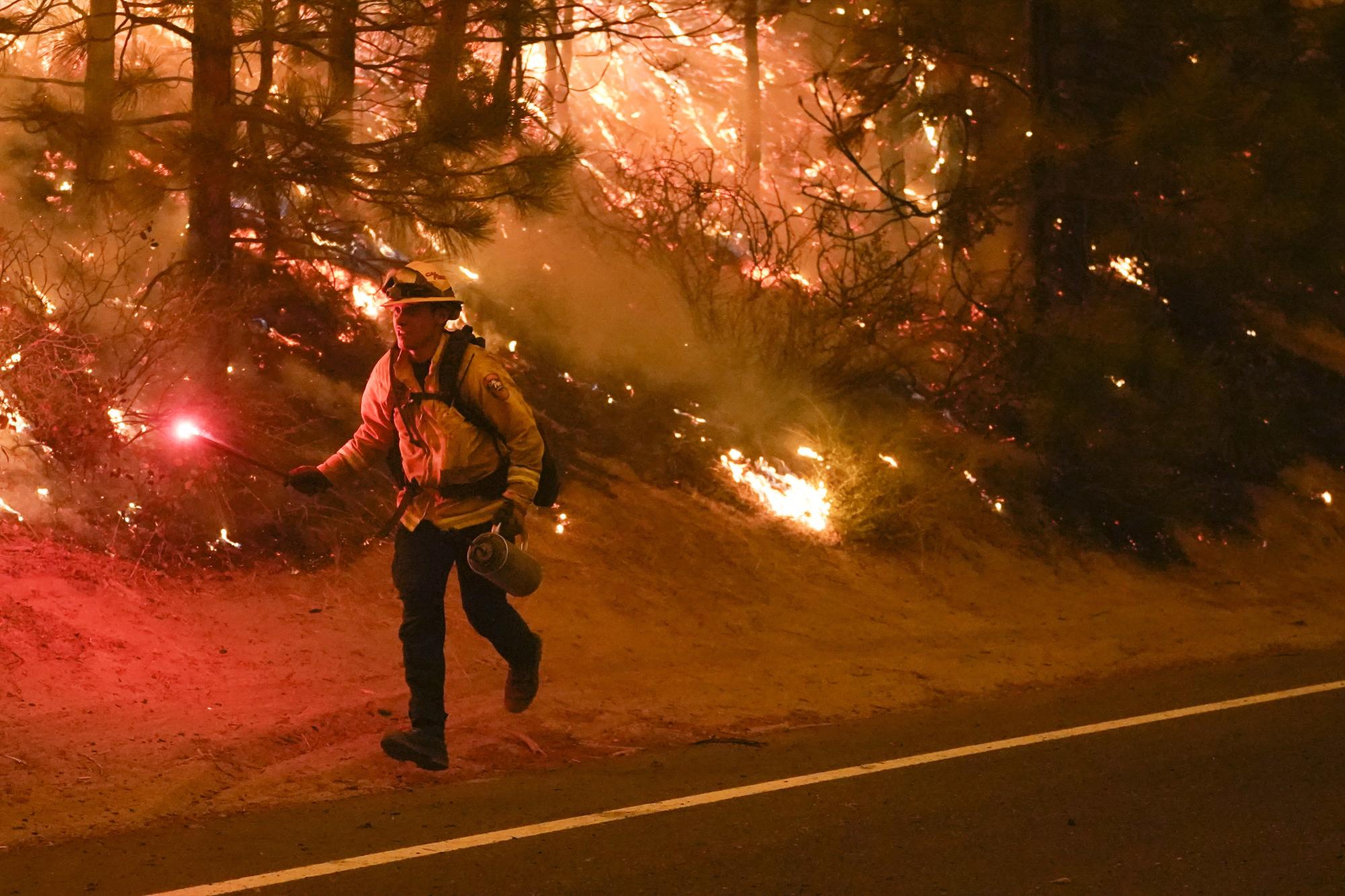 Un bombero corre por la carretera estatal 168 con una bengala como parte del operativo para controlar los incendios forestales que azotan el estado de California (AP Photo/Marcio Jose Sanchez)