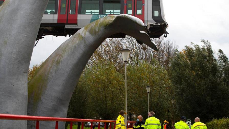 La cola de una escultura de ballena evita que un vagón de metro caiga al agua