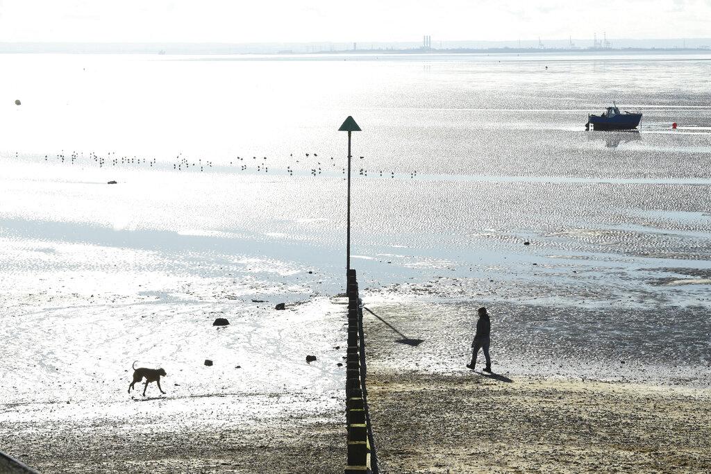 Un perro y su dueño pasean por la costa de Essex, Inglaterra (Stefan Rousseau/PA via AP)