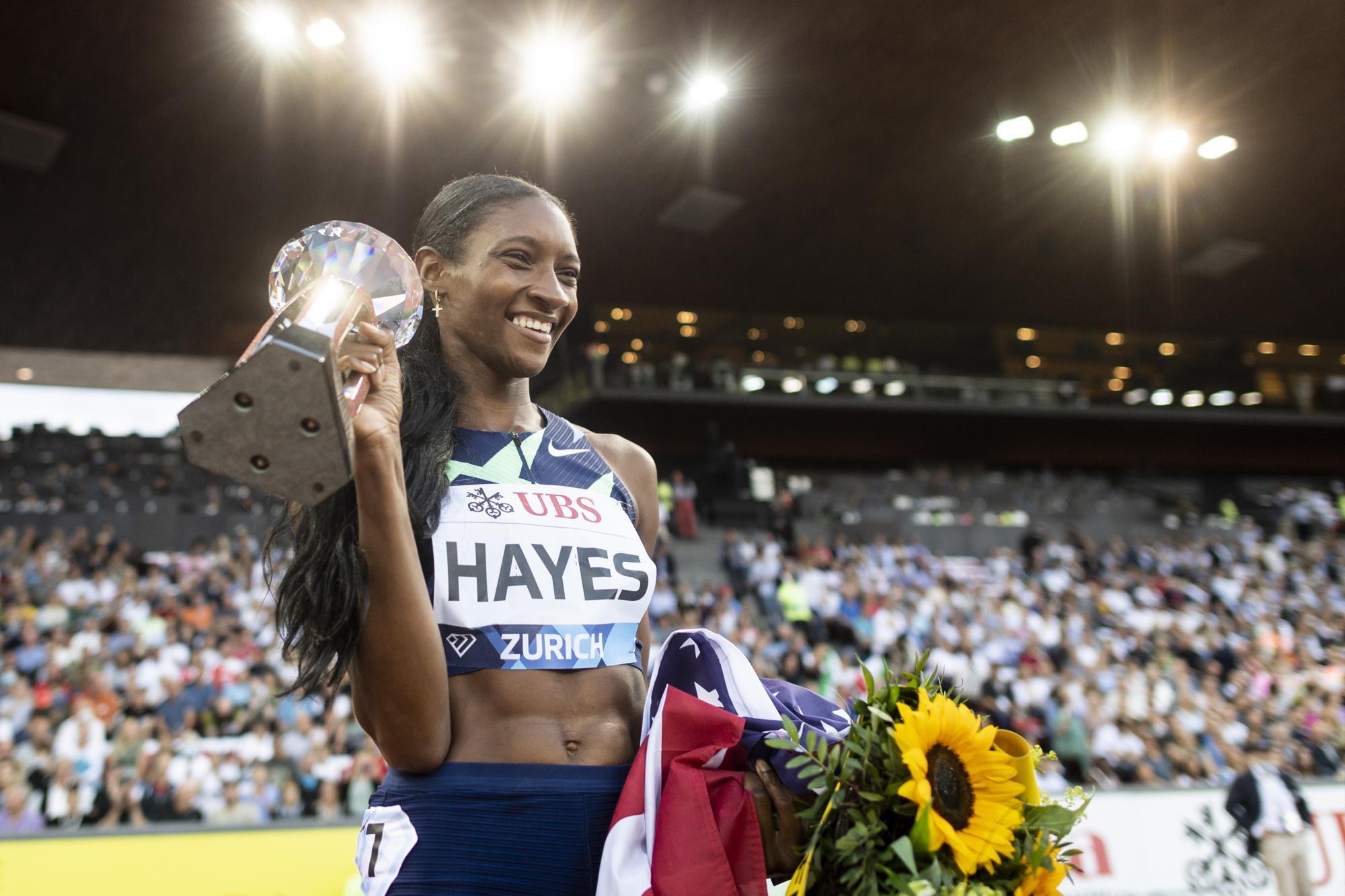 Quanera Hayes de los Estados Unidos, fue la ganadora del heat en los 400 metros lizos, en la Liga de Diamante, el 9 de septiembre del 2021, en Zurich, Suiza. (Ennio Leanza/Keystone via AP)