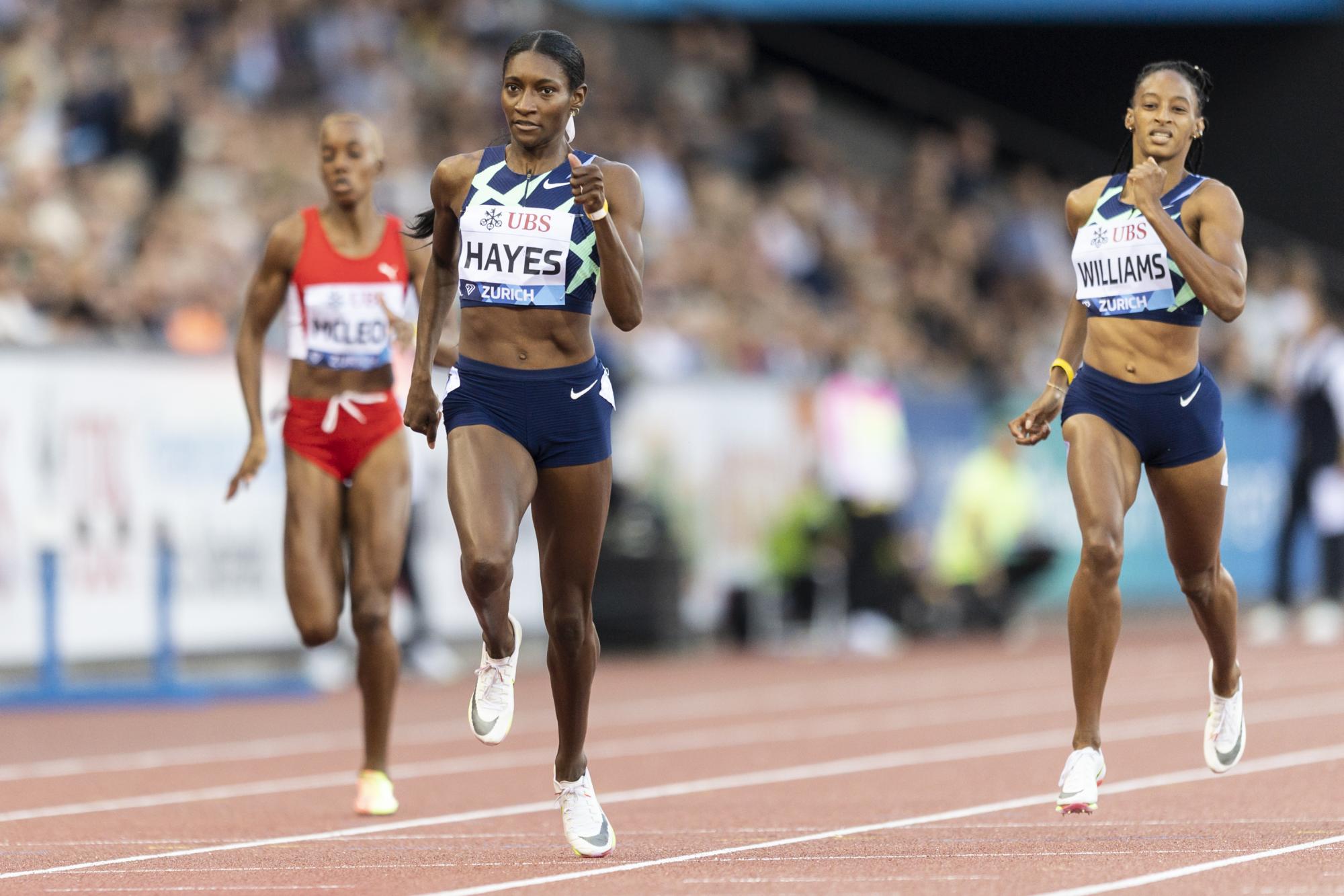 Quanera Hayes de los Estados Unidos, fue la ganadora del heat en los 400 metros lizos, en la Liga de Diamante, el 9 de septiembre del 2021, en Zurich, Suiza. (Ennio Leanza/Keystone via AP)