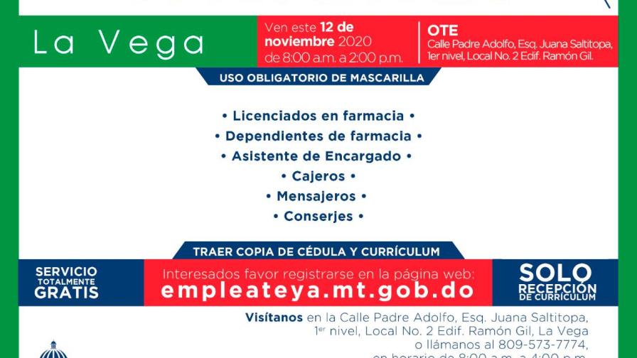 Realizarán jornada de empleo en La Vega para empresa de servicio