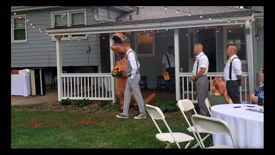 Una dama de honor se presenta en la boda de la novia vestida de dinosaurio