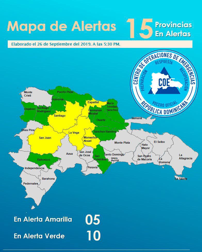 COE reduce a 15 las provincias en alerta por vaguada