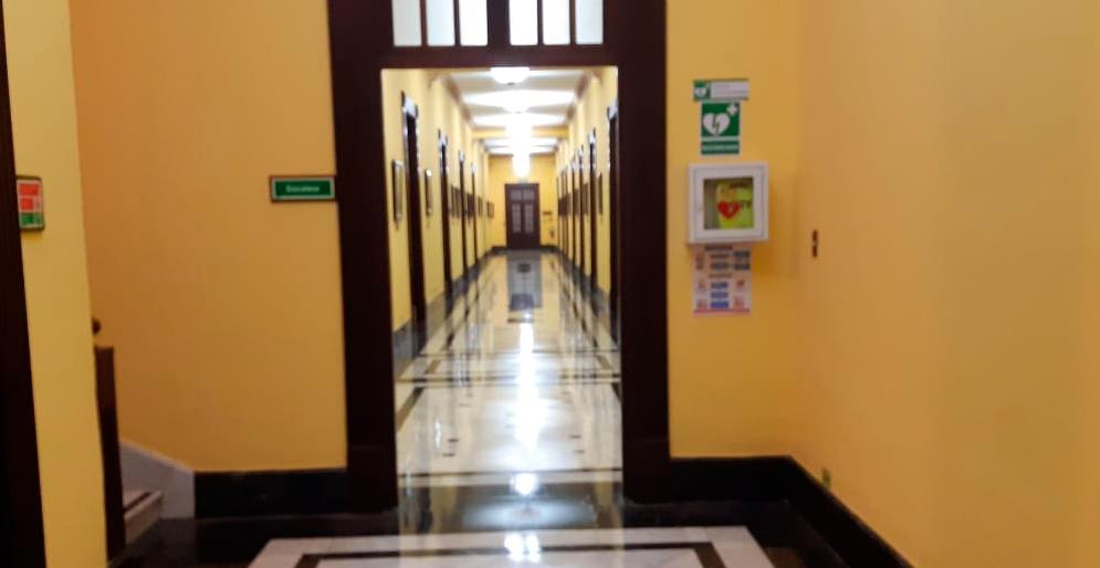 Antigua pintura amarilla de los pasillos.