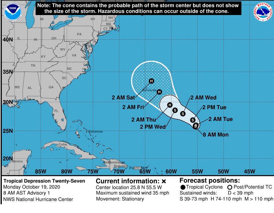 Se forma la depresión tropical Veintisiete al sureste de Bermudas