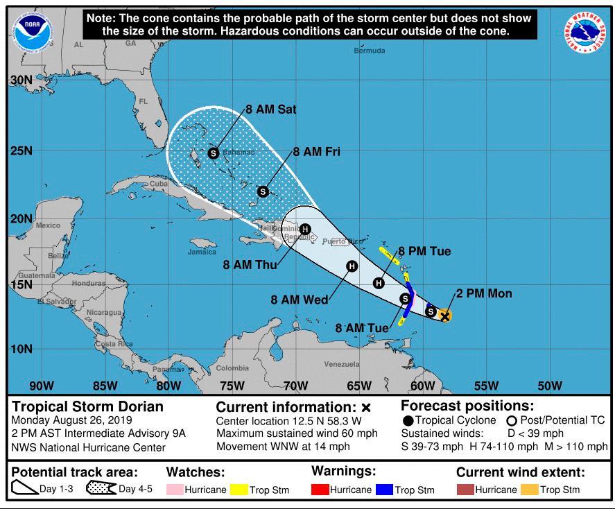 Dorian tocaría territorio dominicano como huracán categoría uno  el jueves 