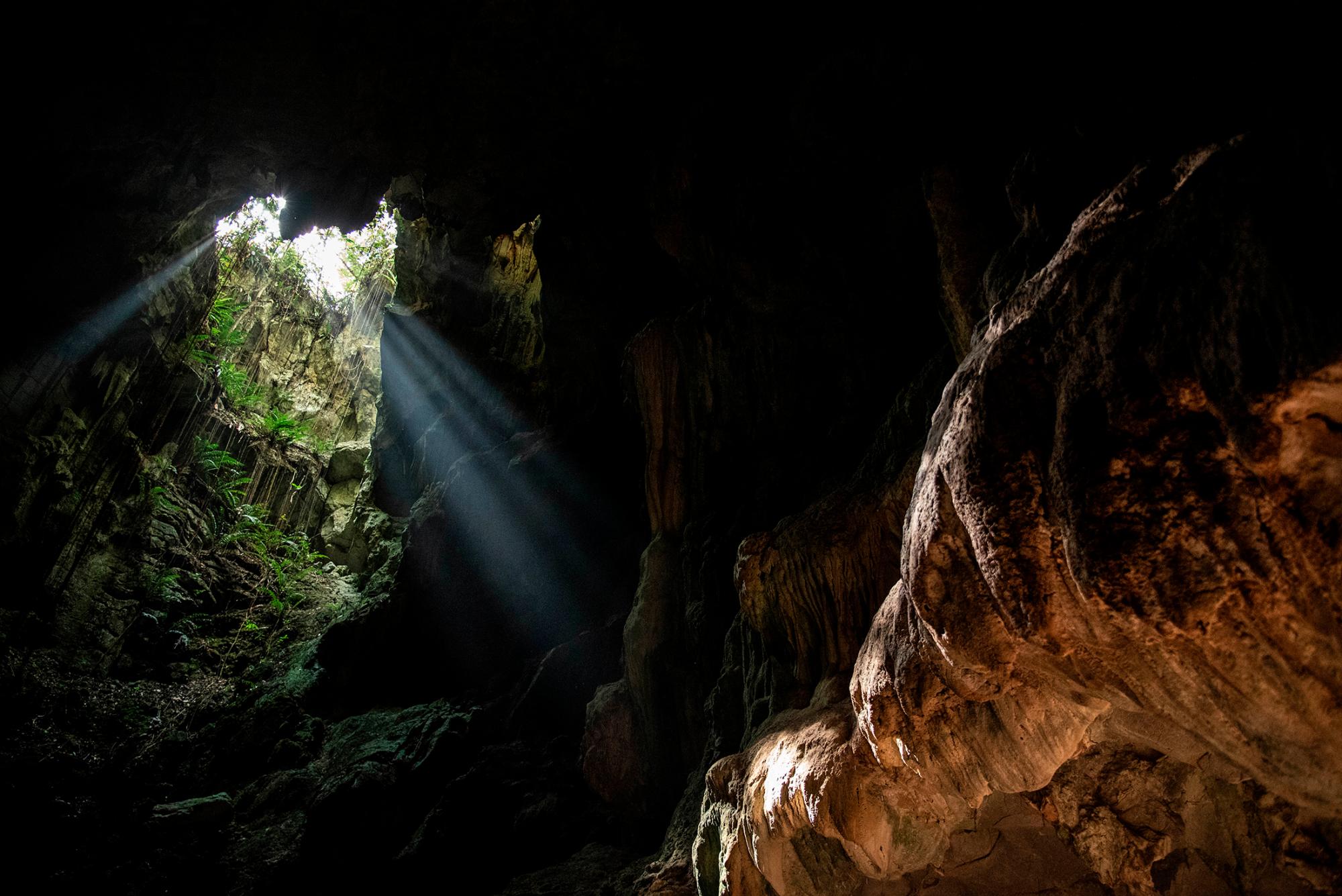 La luz del sol entra por el techo de la caverna.