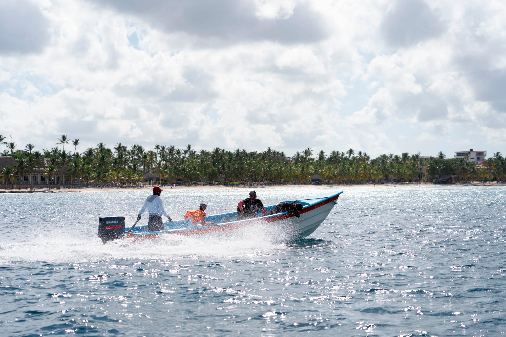 Un bote navega a alta velocidad en Bayahíbe, irrespetando la reglamentación. (
