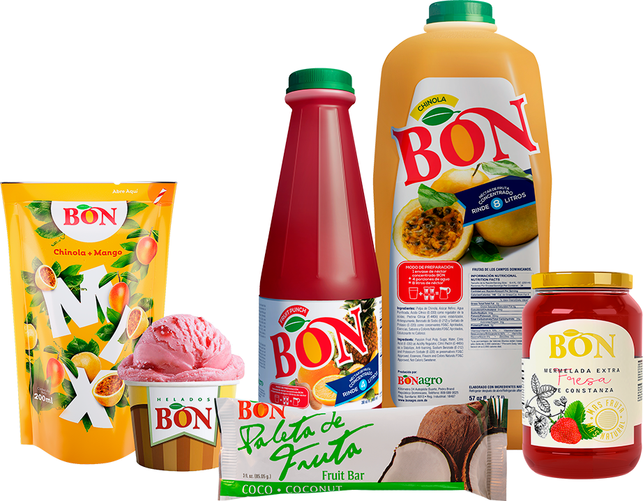Melados, mermeladas, concentrados y bebidas de frutas con los sabores de frutas tropicales hechos con materia prima totalmente dominicana.