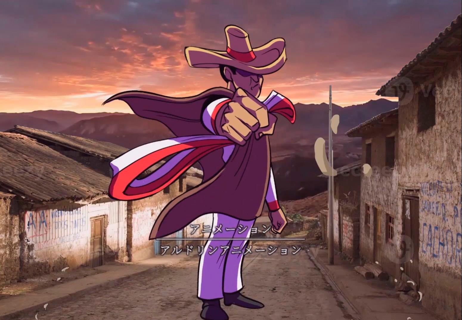 Fotograma difundido por el artista Jesús Félix-Díaz de los Santos, conocido por el seudónimo de Polo Verde, de una animación del candidato Pedro Castillo.