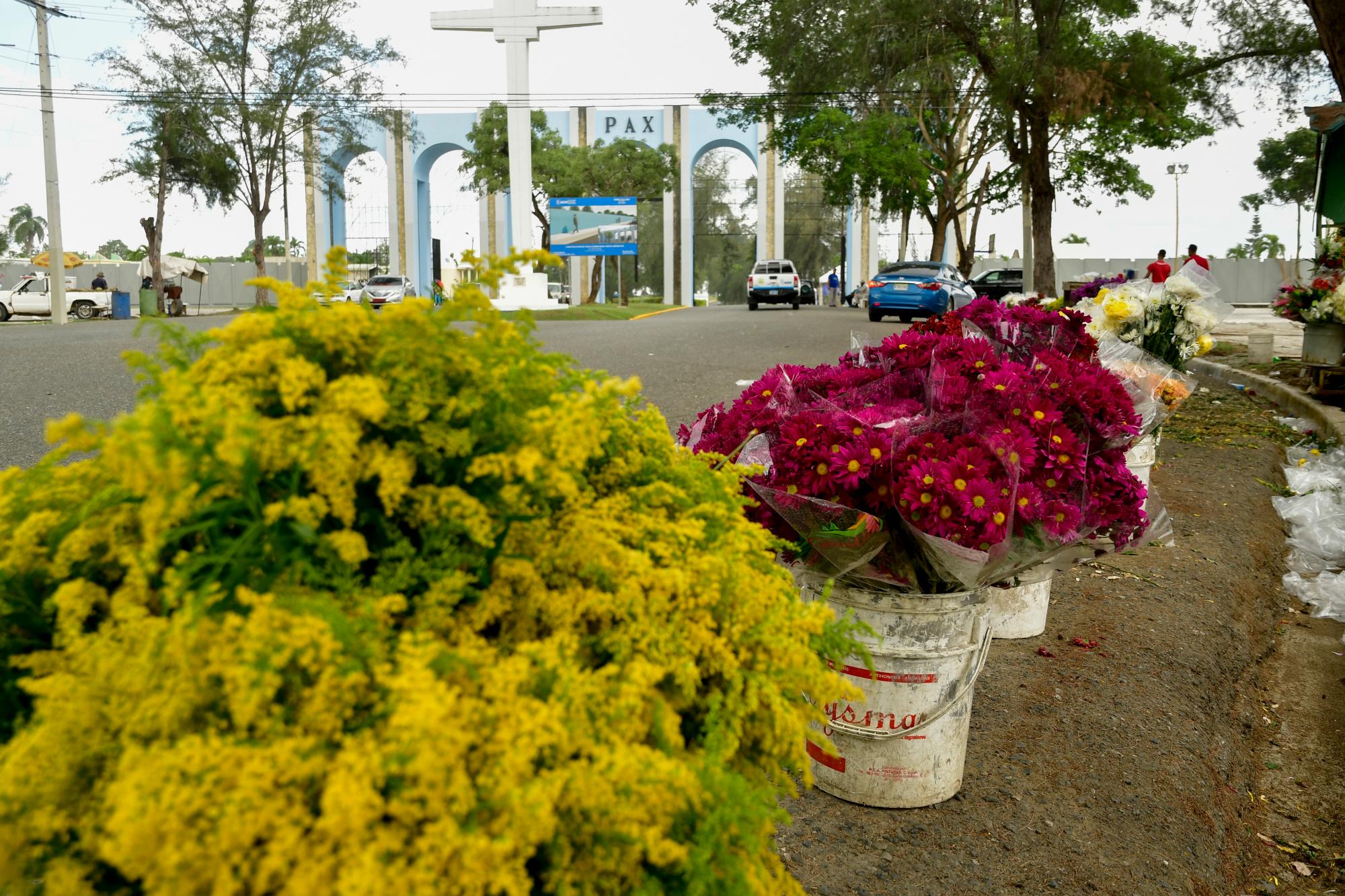 Cubetas de flores expuestas a la entrada del cementerio. 