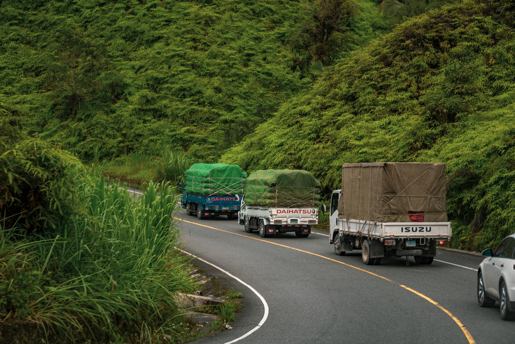 Camiones cargados de rubros agrícolas transitan por la carretera Casabito-Constanza, en julio de 2021.