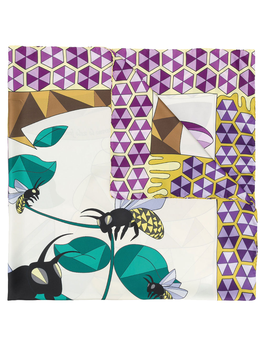 Fular con estampado geométrico en seda violeta de Cha*Val Milano.