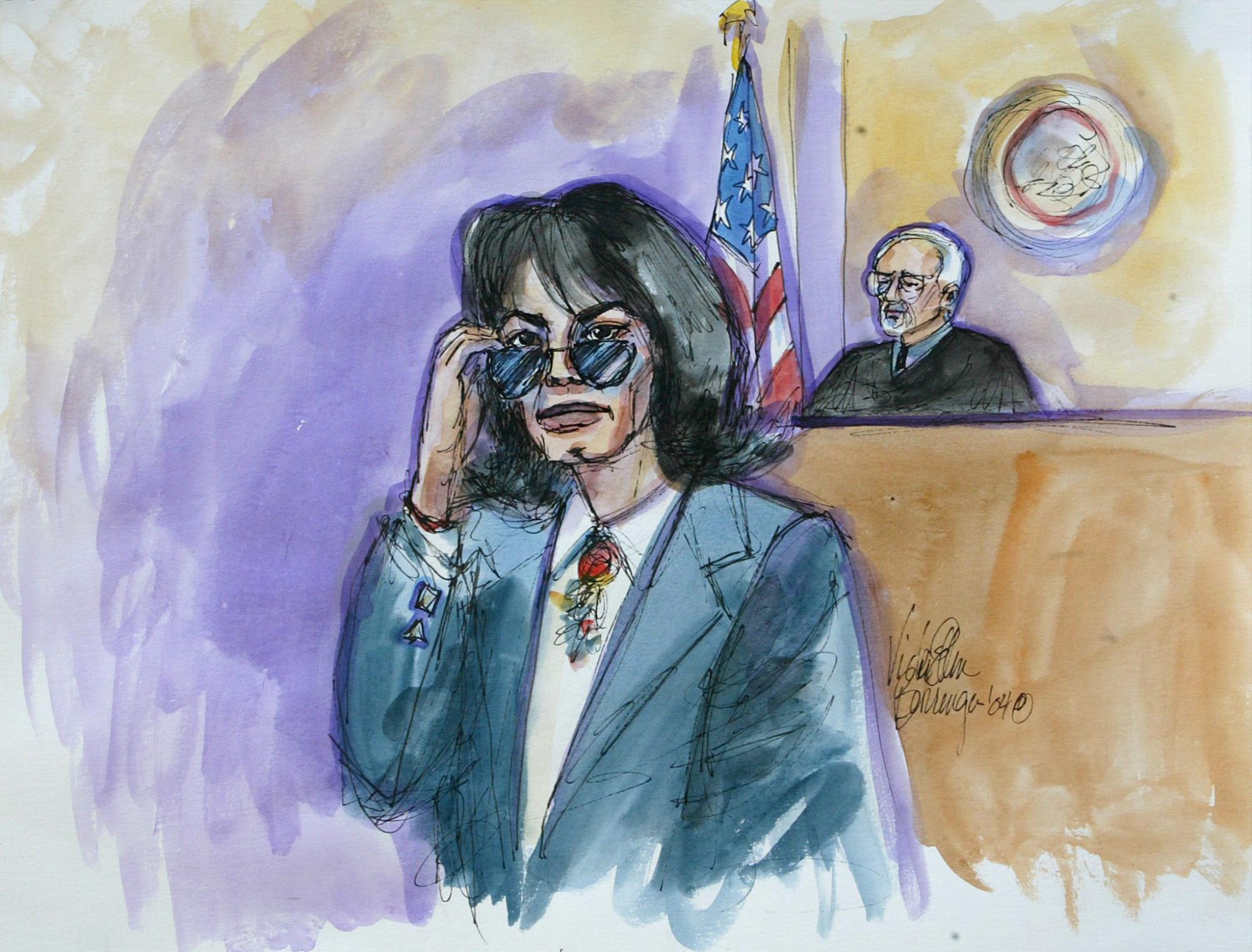 Retrato de Michael Jackson durante una comparencia por ante la Corte de Justicia de  Santa Barbara para responder por los cargos de abuso a un menor de 14 años.  