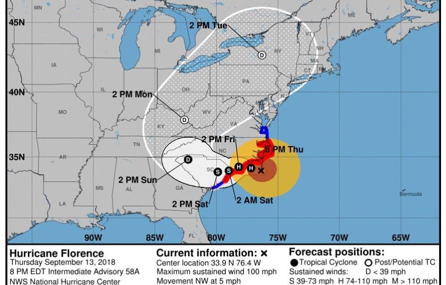Florence, que amenaza a EEUU, se degrada a huracán categoría 1