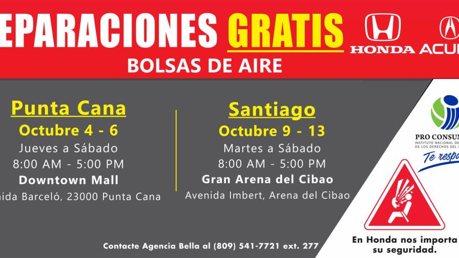 Pro Consumidor llama a usuarios de Honda año 2001 al 2016  a reparar bolsas de aire gratis