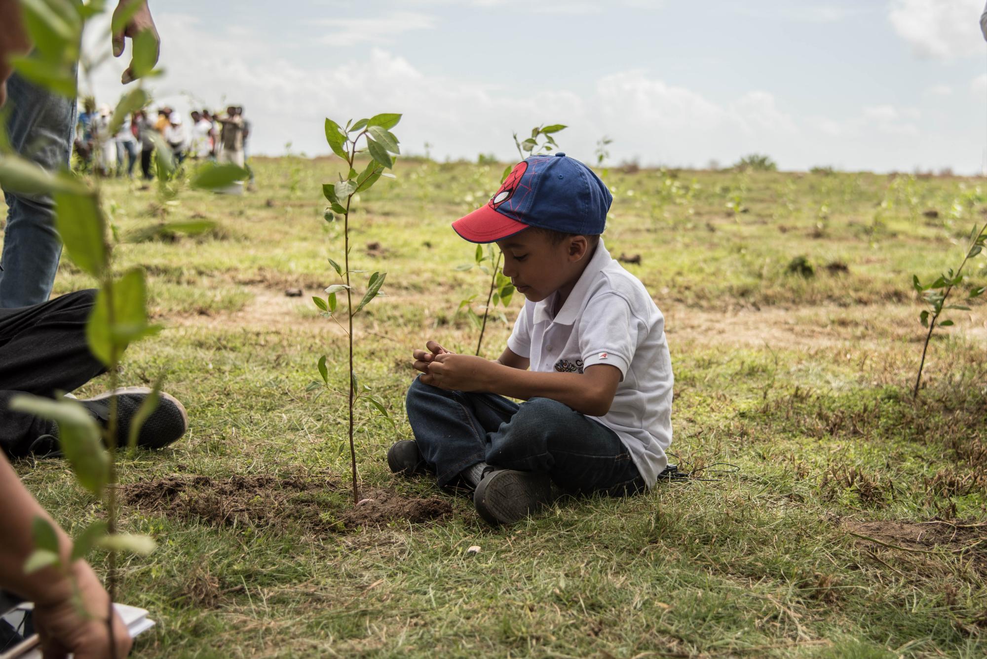 Otro niño del CAID descansa frente al árbol que sembró minutos antes.