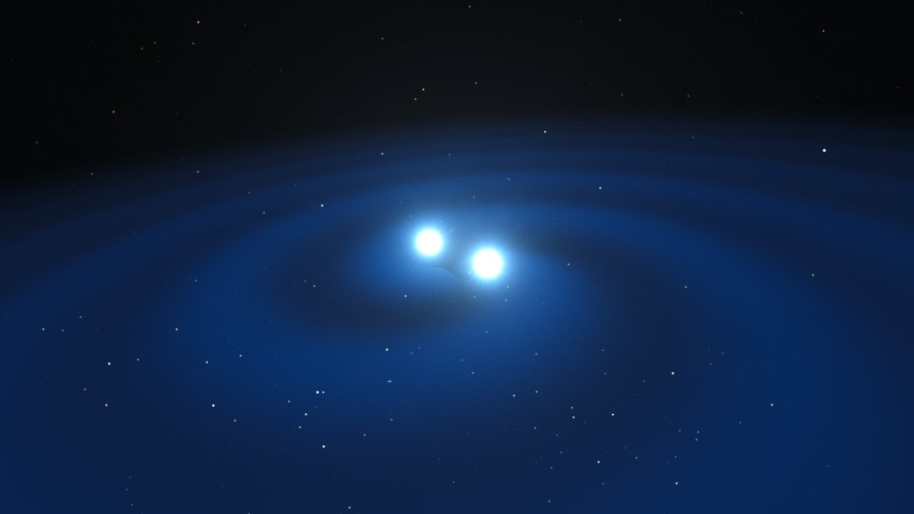 Ilustración de estrellas de neutrones fusionándose.