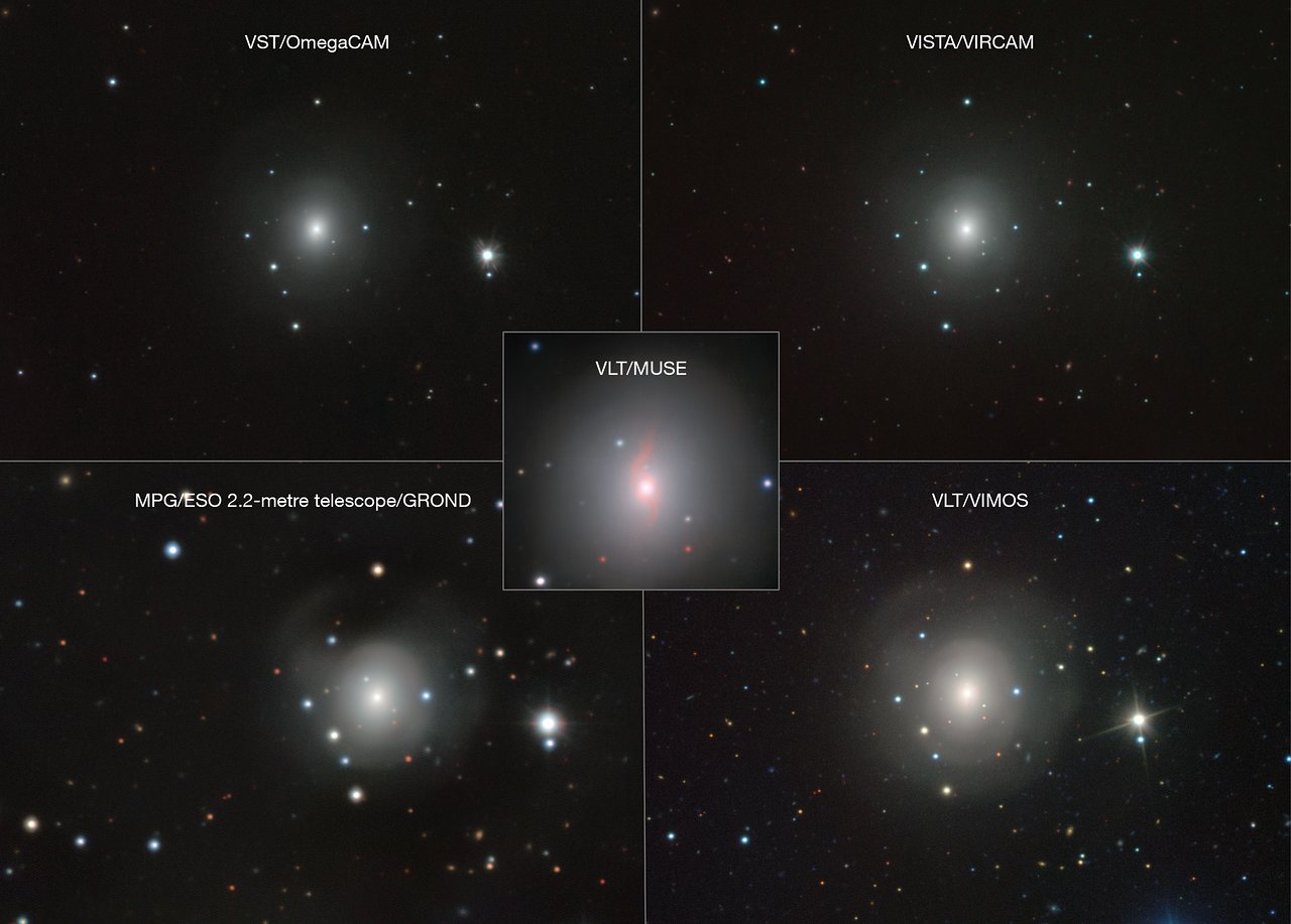 Composición de imágenes de NGC 4993 y de la kilonova con numerosos instrumentos de ESO.
