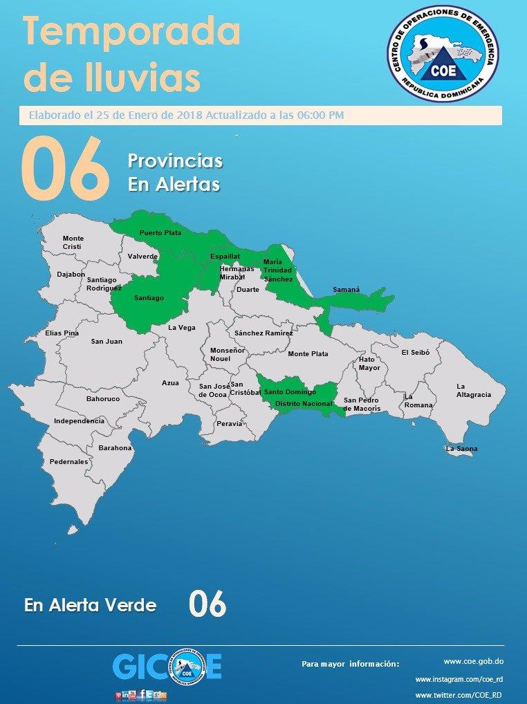 COE mantiene alerta verde en seis provincias y el Distrito Nacional