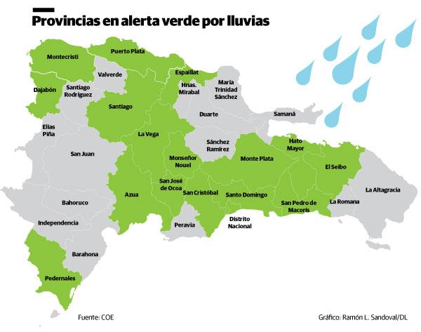 COE emite alerta verde para 16 provincias y el Distrito Nacional por lluvias