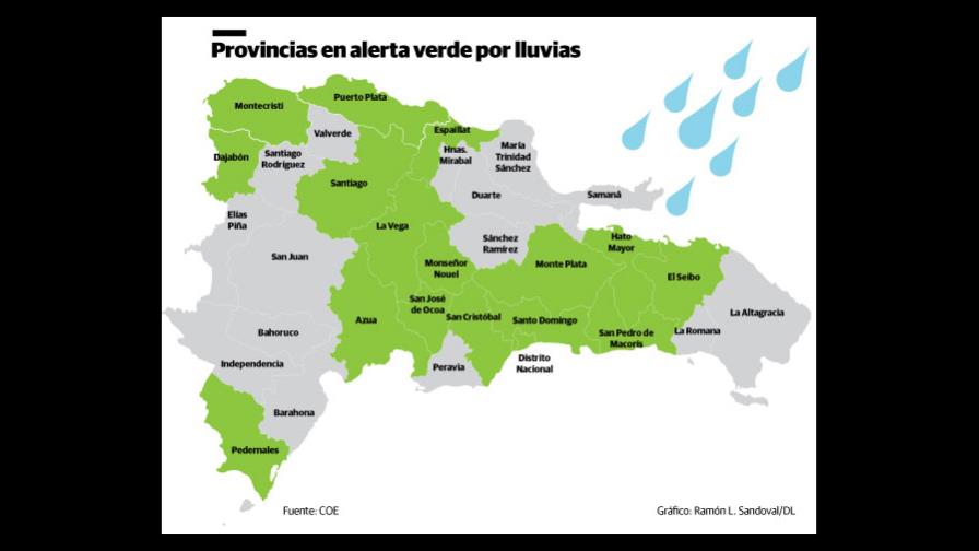 COE emite alerta verde para 16 provincias y el Distrito Nacional por lluvias