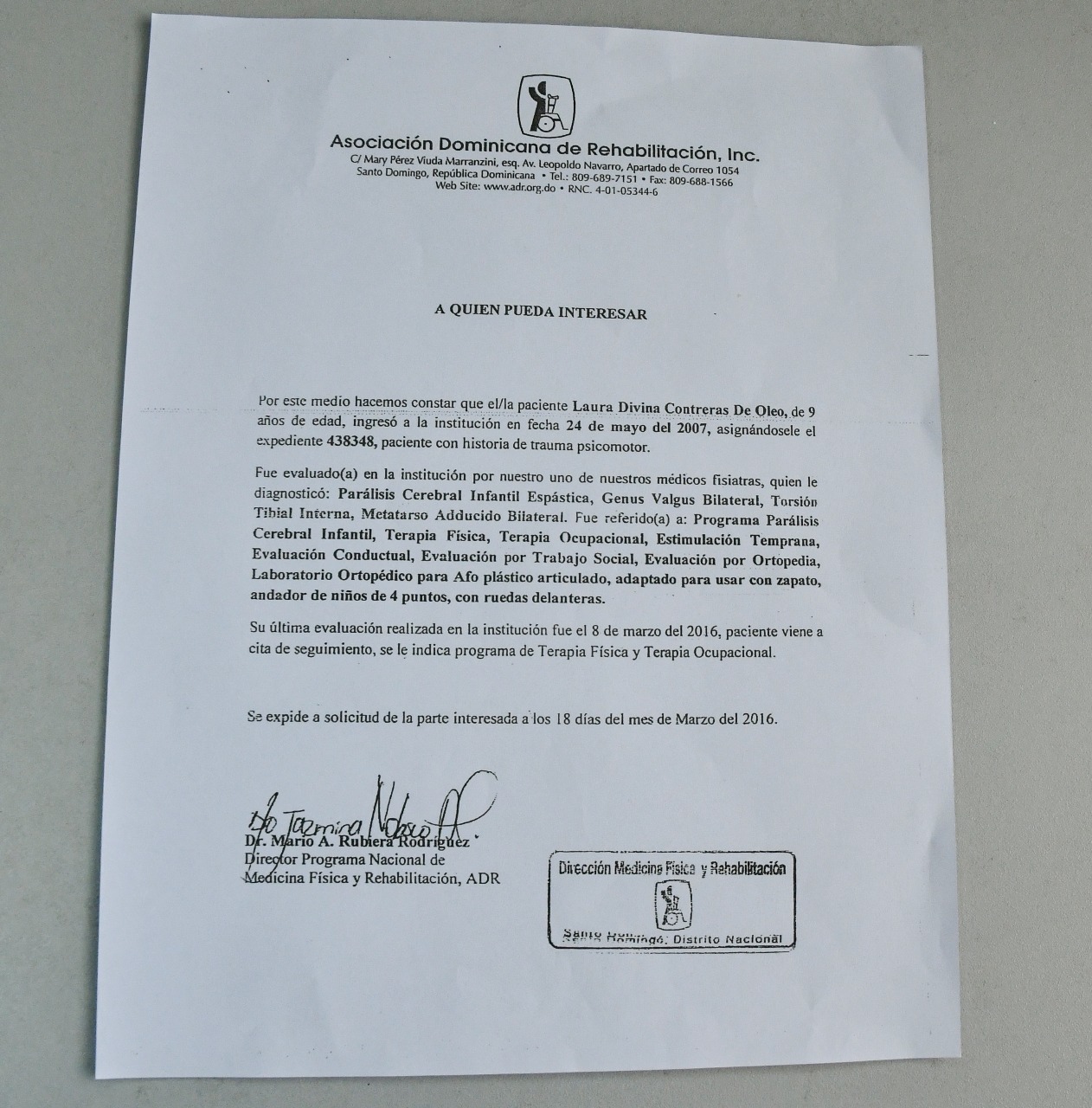 Informe medicó de la Asociación Dominicana de Rehabilitación.   