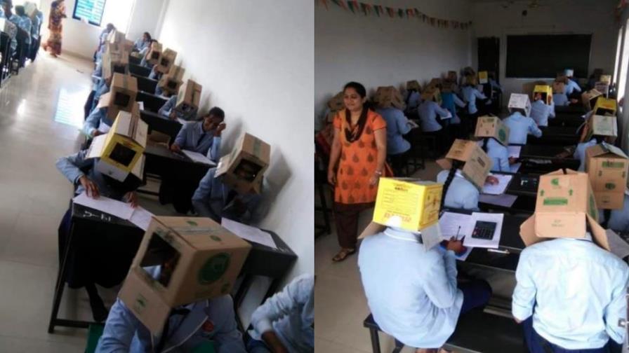 Profesor coloca cajas de cartón en la cabeza de sus estudiantes para que no copien