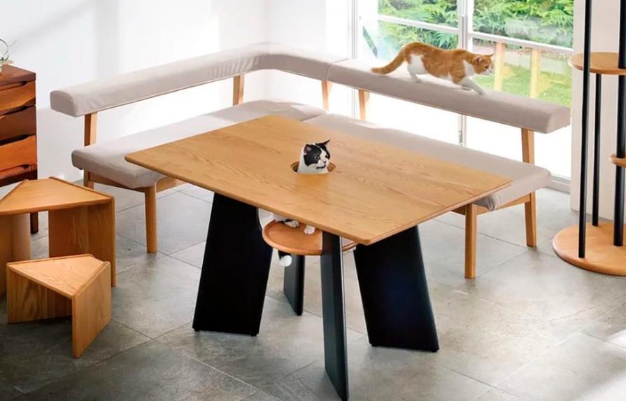 Diseñan mesa de comedor con un orificio en el centro para los gatos de la casa