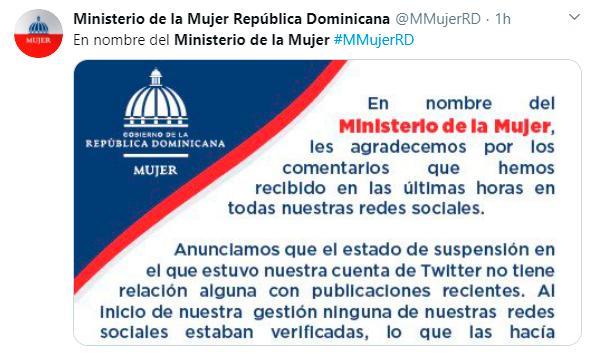 Twitter habilita cuenta del Ministerio de la Mujer, tras suspenderla